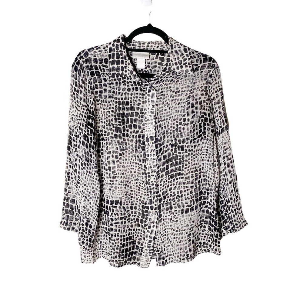 Soft Surroundings Silk Roll Tab Button Down Top Small Black White Animal Print